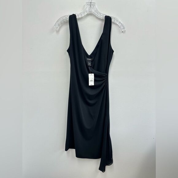 Express Vintage 90's/Y2K Black Asymmetric Ruched Sleeveless V-neck Dress Size S - Picture 6 of 9